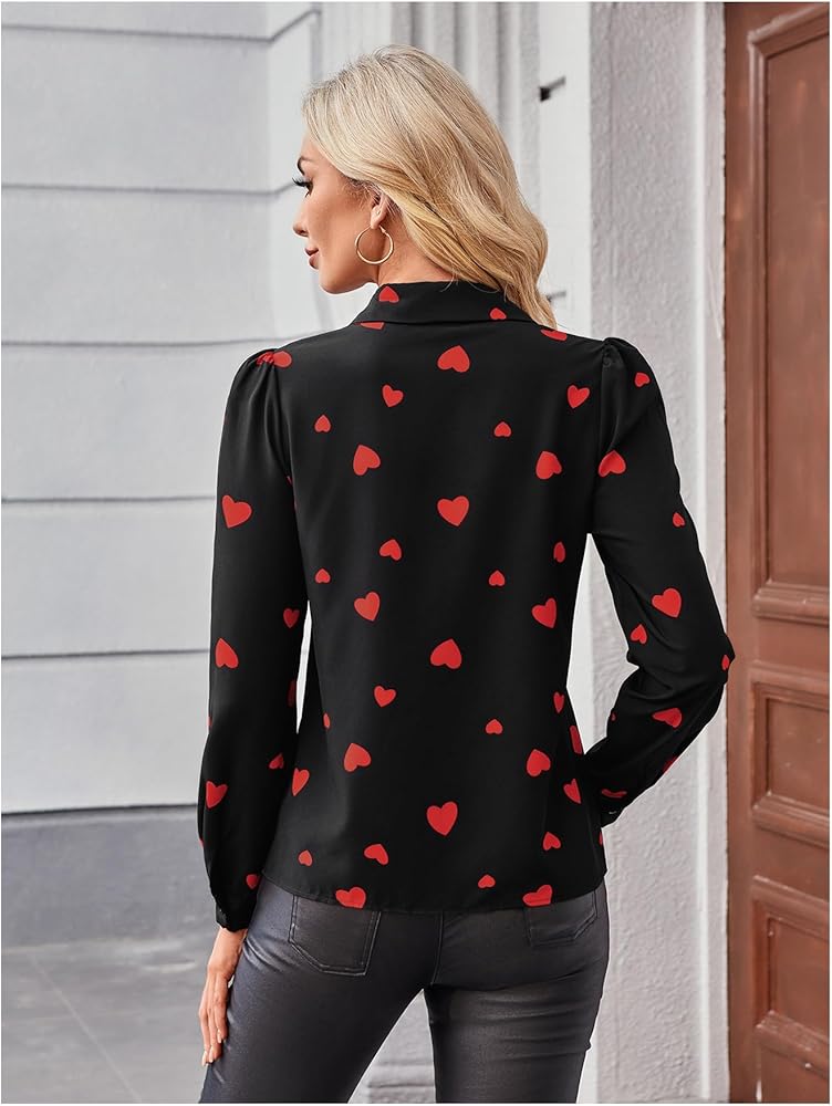 Floerns Women's Heart Print Long Sleeve Button Down Lapel Collar