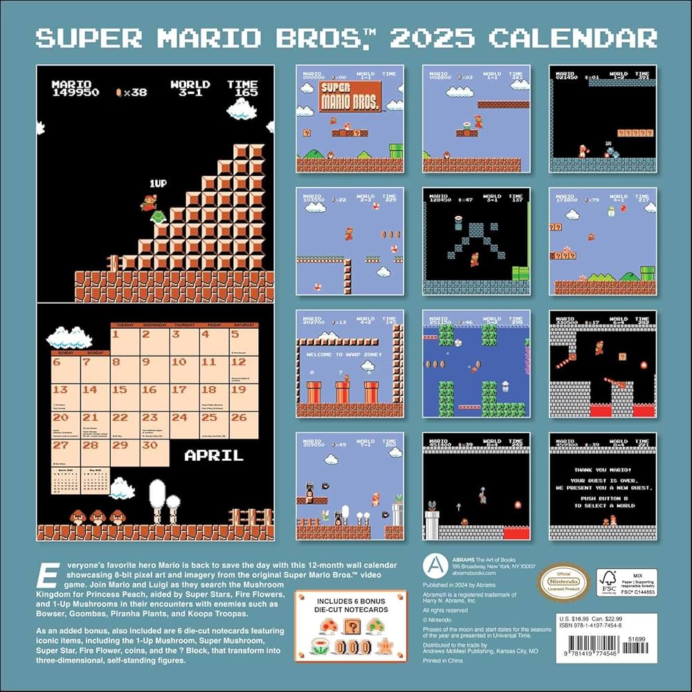 Amazon | Super Mario Bros. 8-Bit Retro 2025 Wall Calendar with