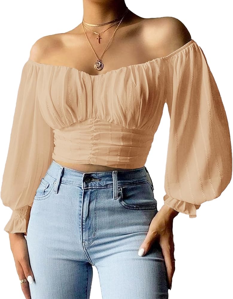 MIRACMODA Woman Off Shoulder Ruched Tie Back Lantern Sleeve Crop