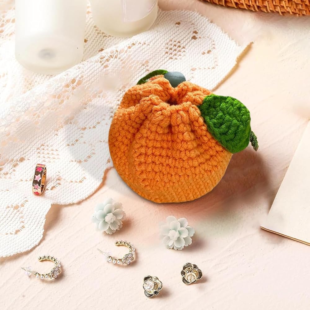 Amazon | かぎ針編みの巾着バッグ、オレンジのコインポーチ,かわいい