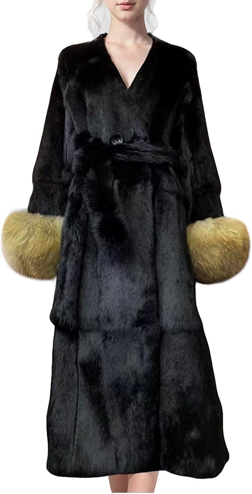 Annsirgra Women's Genuine Rabbit Fur Coat Extra Long Winter Fur