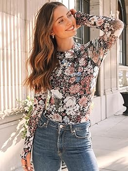 Dealmore Lace Sheer Floral Mesh Mockneck Going Out Tops for Women