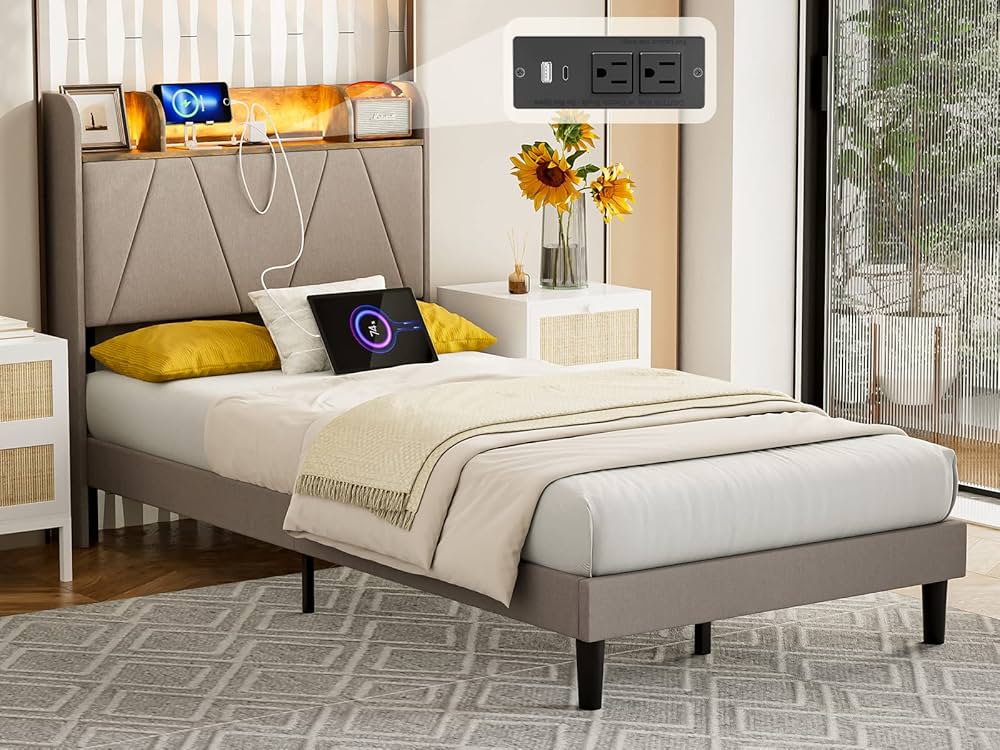 IKIFLY Twin XL Bed Frames with Storage Shelf Headboard & Charging