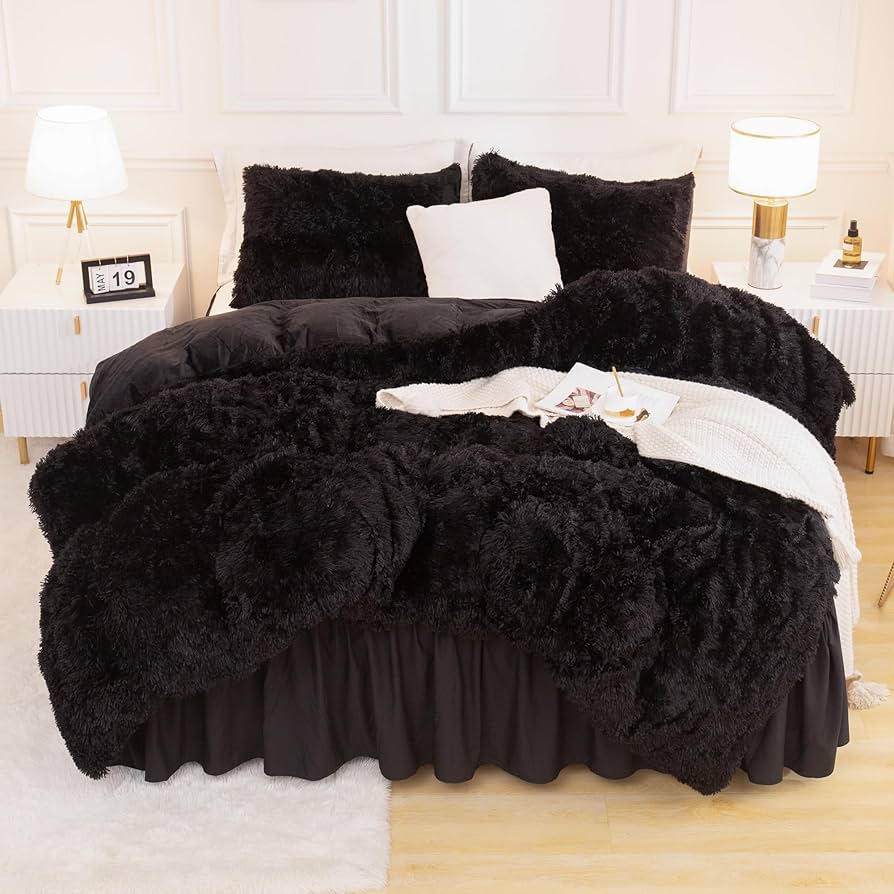 Amazon.com: Andency Queen Comforter Set Black, Fluffy Winter Faux