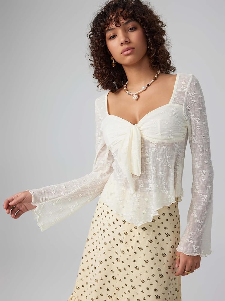 CIDER Mesh Tops Women Lace Square Neck Knotted Y2K Bell Sleeve