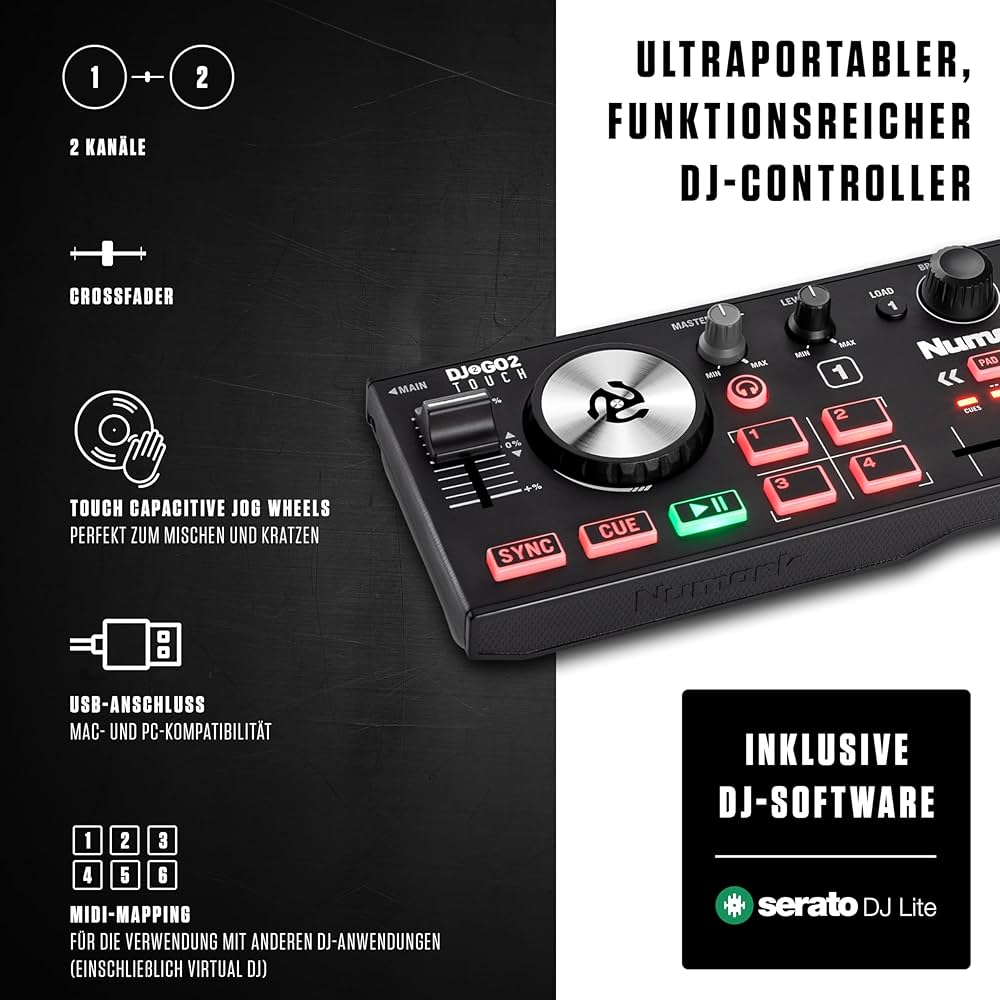 Numark DJ2GO2 Touch 2-Kanal-Kompakt-DJ-Controller, DJ-Pult mit