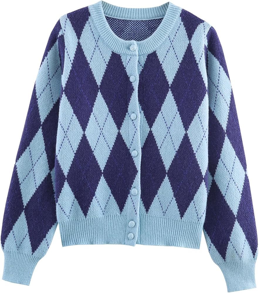 KEOMUD Argyle Sweater Women Vintage Knit Cardigan Sweater Long