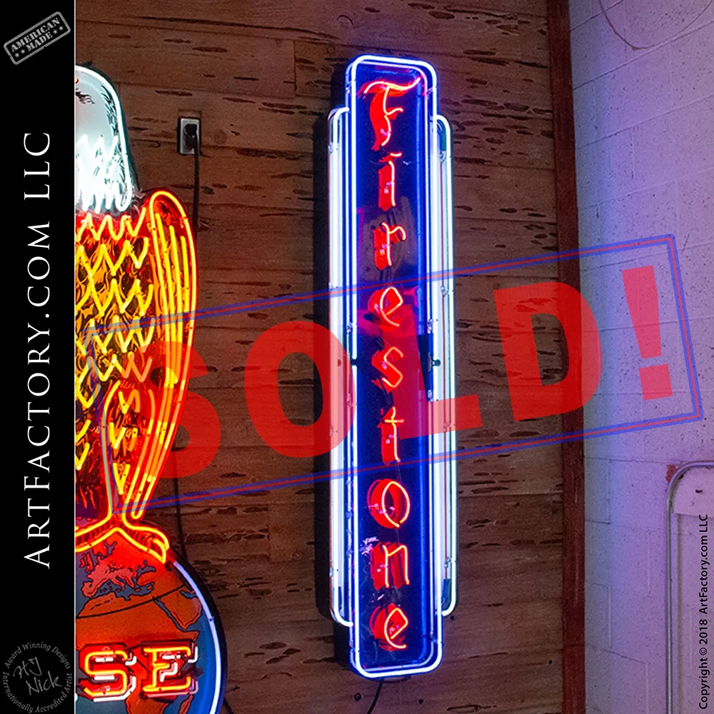Rare Firestone Neon Sign: Vintage Collectible Tin Litho Automobilia