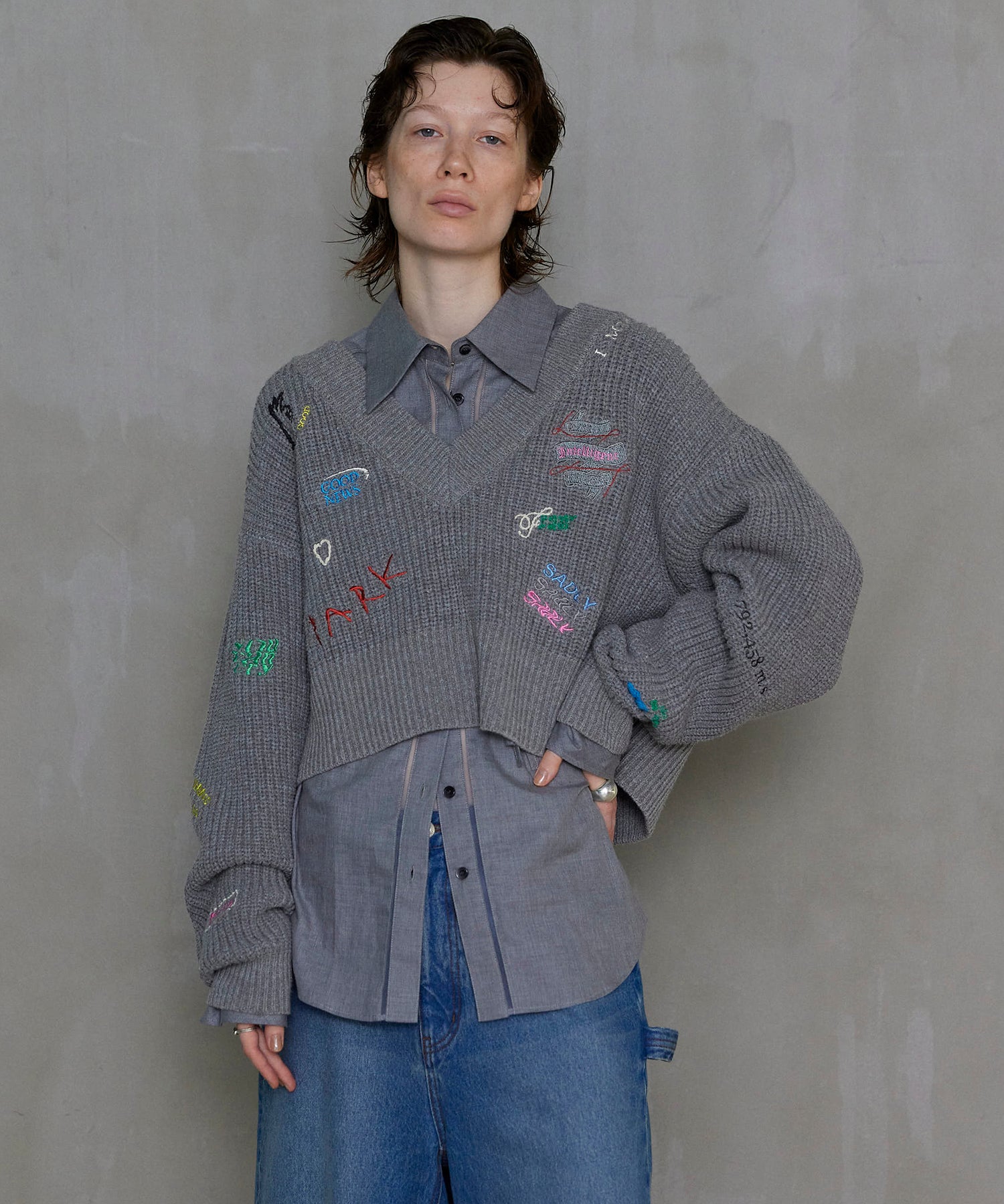 SALE】V-neck Embroidery Knitwear