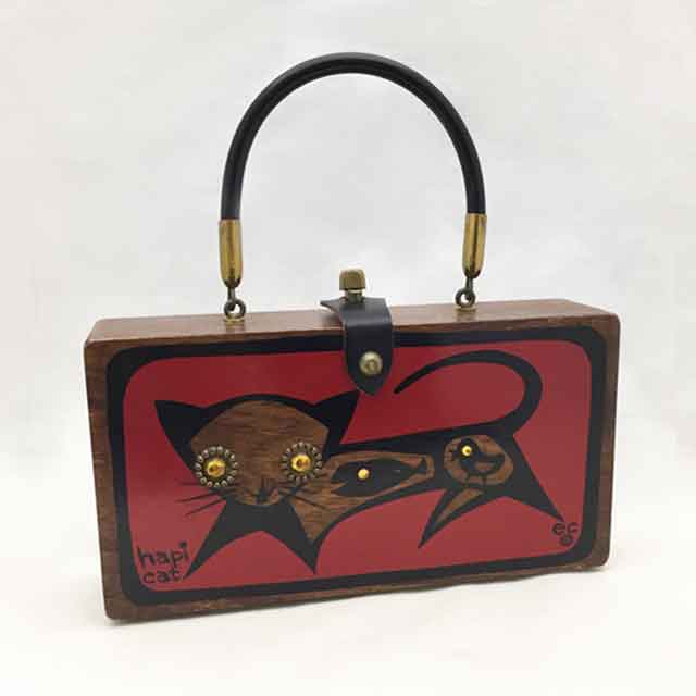 Enid Collins 猫柄ヴィンテージ木製バッグ HapiCat 1960-70年代 レアな