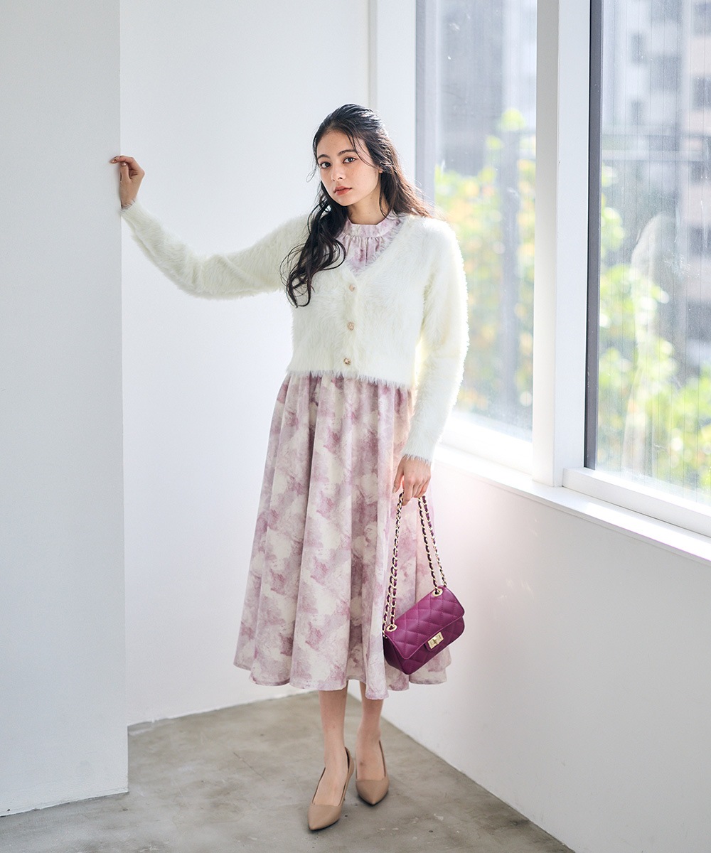 SALE】フェザーカーディガン×ニュアンス柄ハイネックワンピース