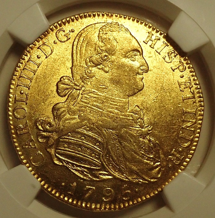 コロンビア1795年発行、8エスクード、NGC-MS62準最高鑑定