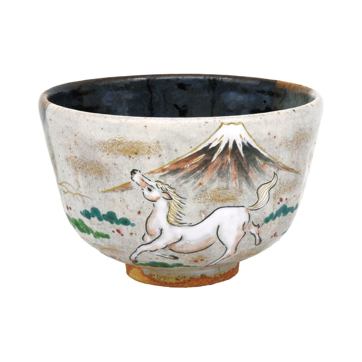 令和8年 午年 干支茶碗】灰釉掛分 白馬に富士絵 中村良二作（桐箱