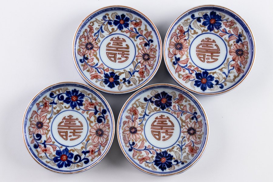 古伊万里】 大聖寺伊万里 金襴手花文小皿 4客セット 江戸後期 16468