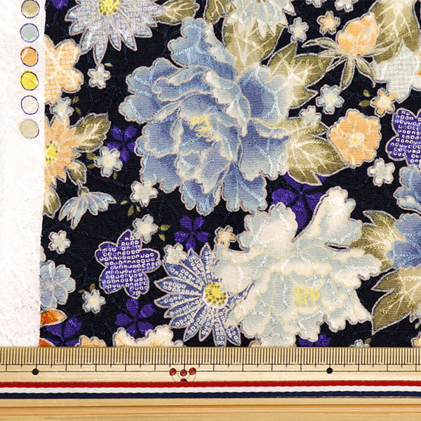 生地 『ちりめんジャガード カットクロス 牡丹づくし 約110cm×50cm 紺