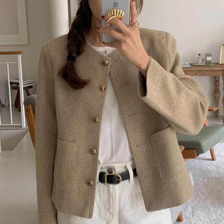 ノーカラー ゴールドボタン ツイードジャケット | レディース