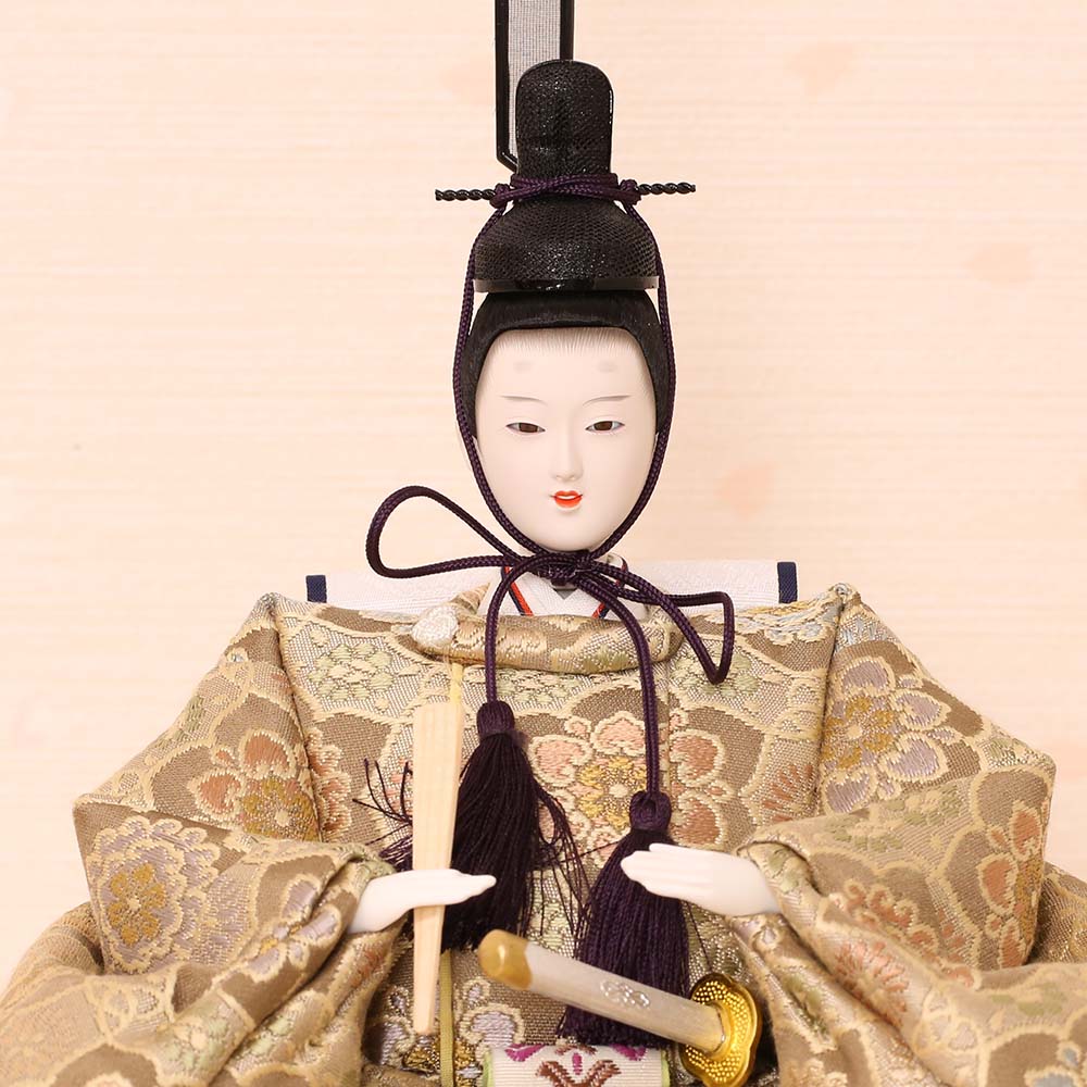 雛人形 新古今雛 正絹帯 小三五親王飾り 二曲一双モスグリーン屏風