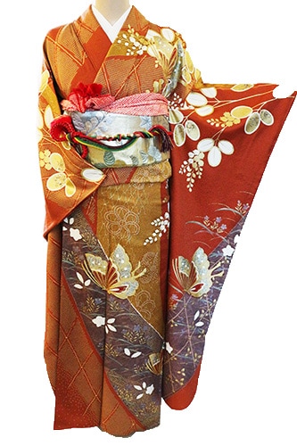丹後ちりめん振袖レンタルフルセット「箔 蝶に鹿の子と萩桔梗」往復