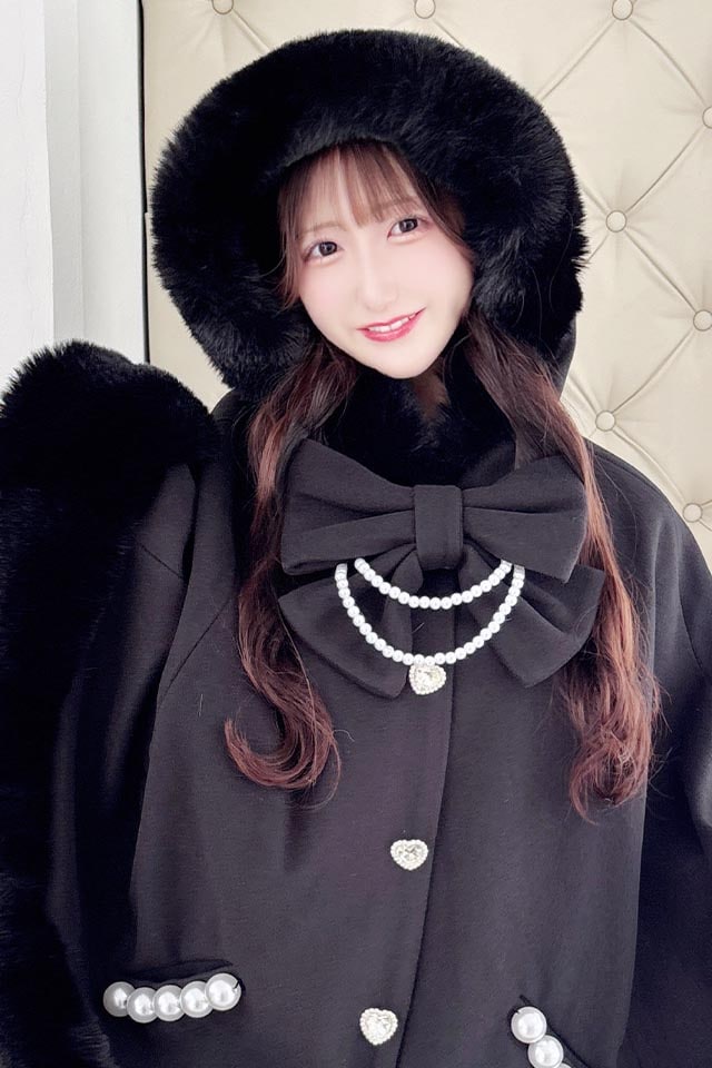 Princess Melody】リボン付きボリュームファーフードケープコート