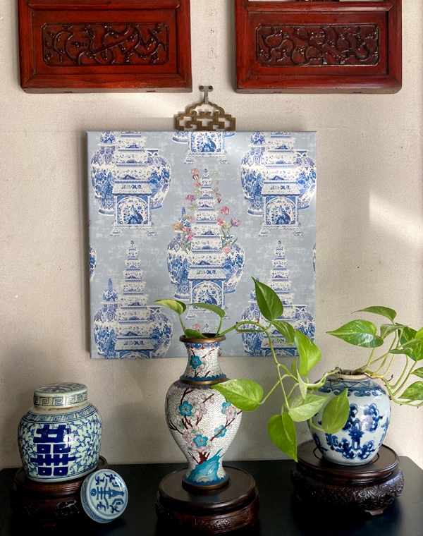 花鳥風月のシノワズリーパネル 《ブルー＆ホワイト＆フラワー