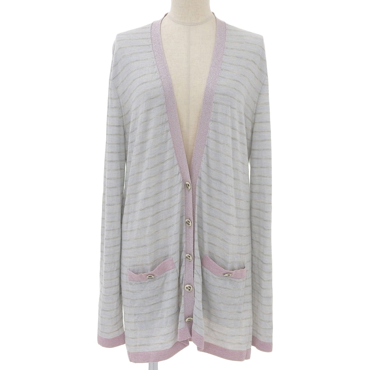 シャネル CHANEL カーディガン カシミヤ シルク コットン ブルーグレー