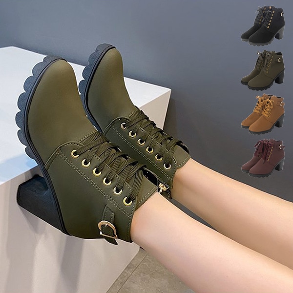 チャンキーヒールレースアップショートブーツ | レディース,シューズ