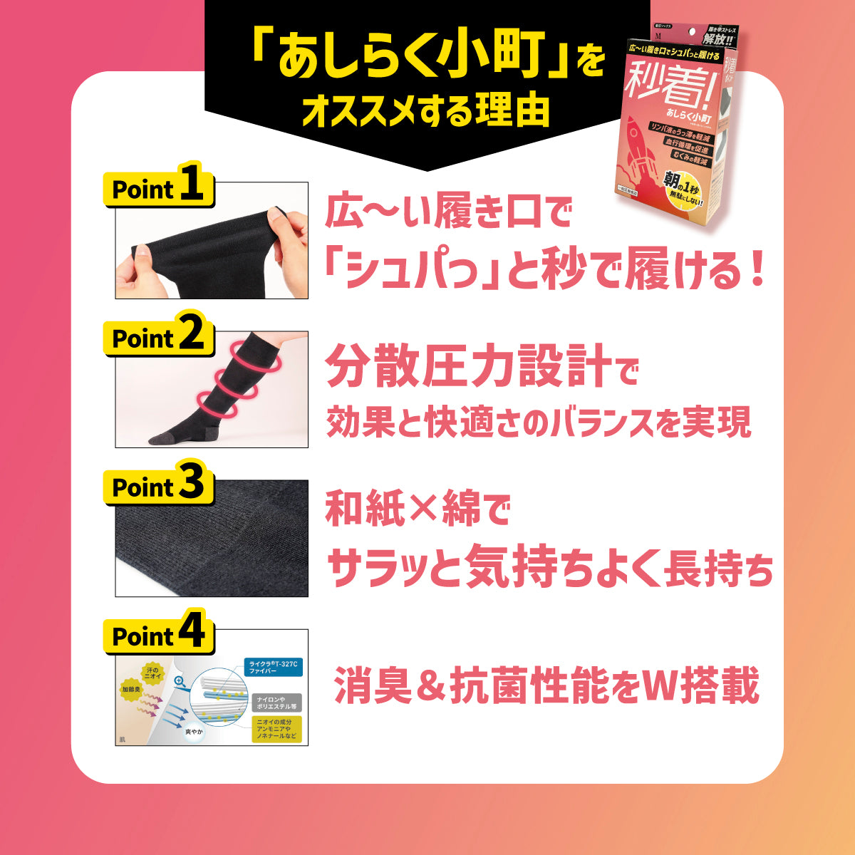 秒着！あしらく小町│秒で履ける医療機器着圧ソックス | わくたん