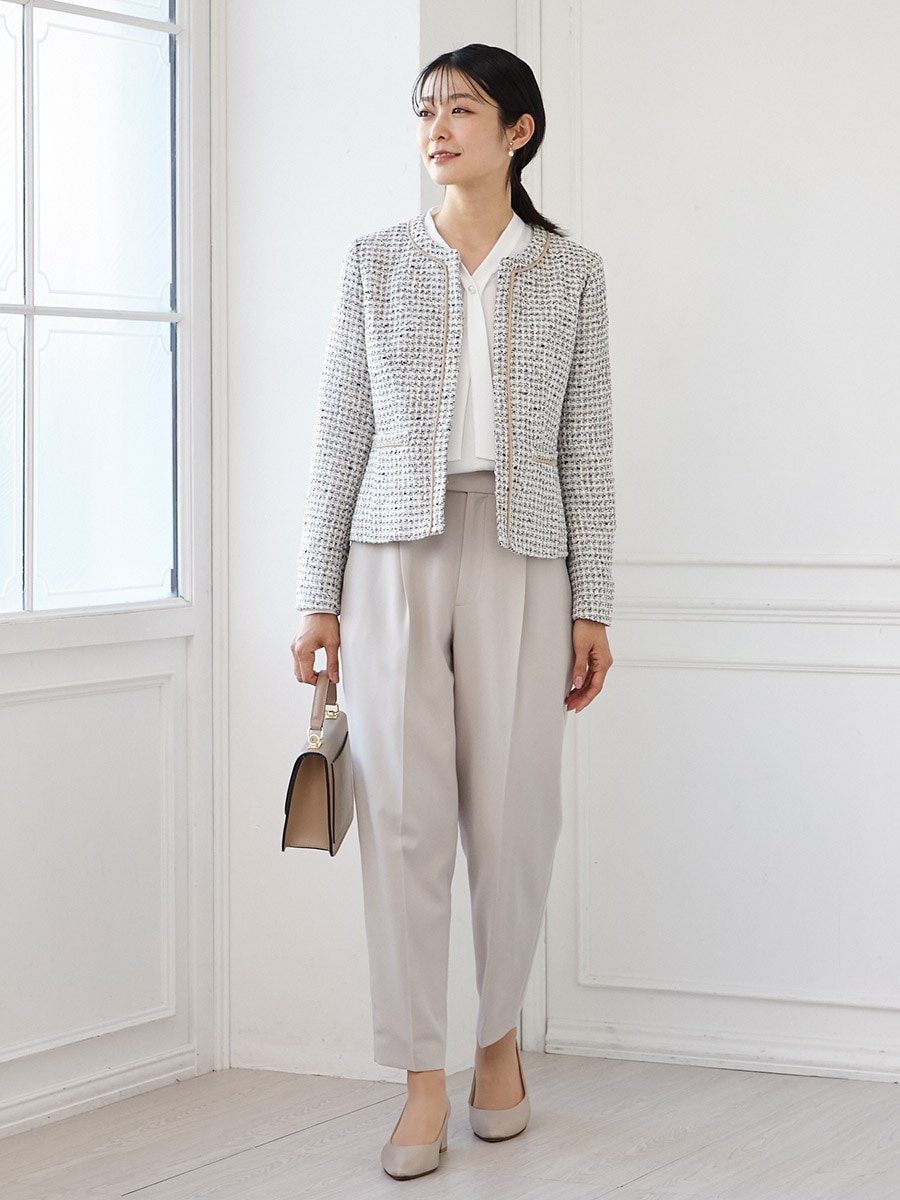 3点セット】ツイードジャケット＋ボウタイブラウス＋テーパードパンツ