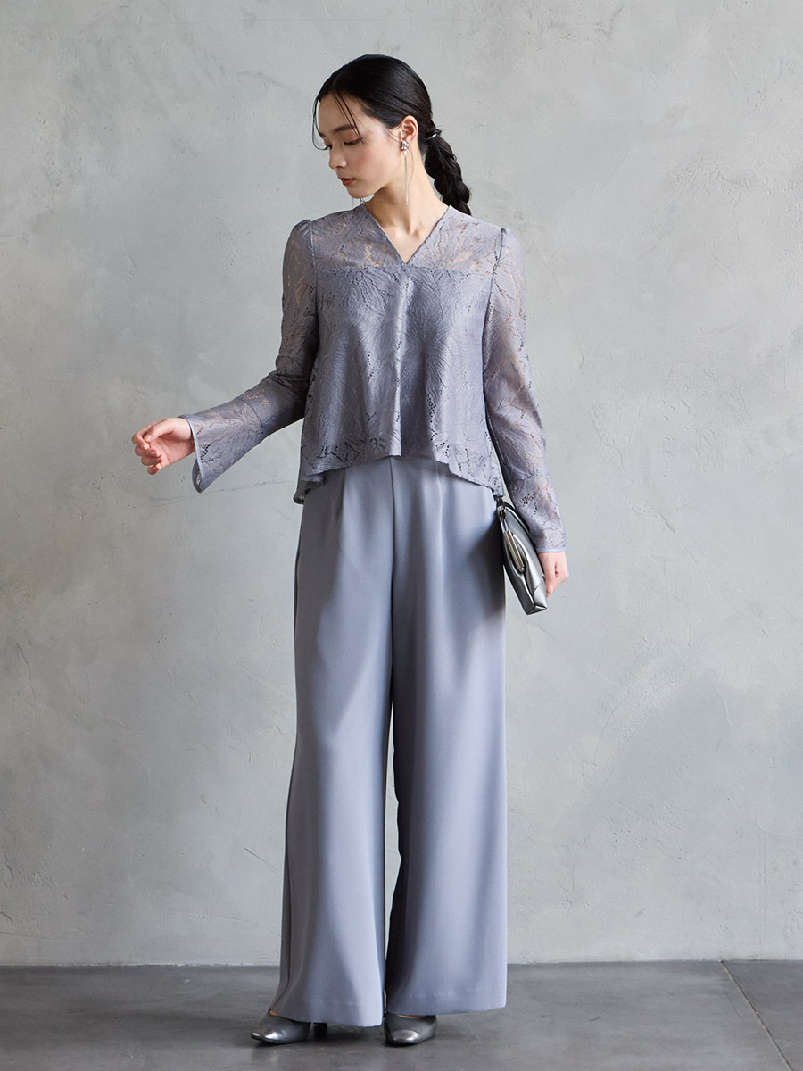 WEB限定】レースブラウス×パンツセットアップ(M ブラック): AIMER