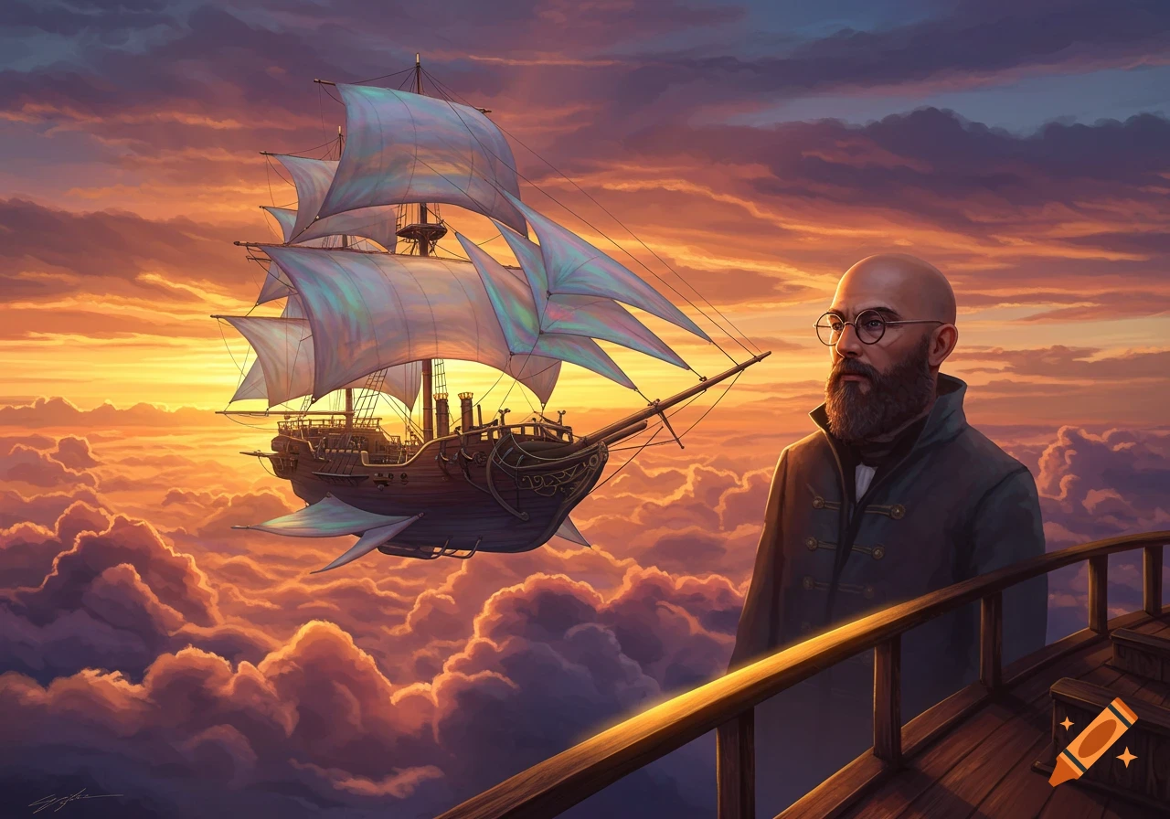 Vintage Ship at Twilight With a Room Lamp Shining created on Craiyon