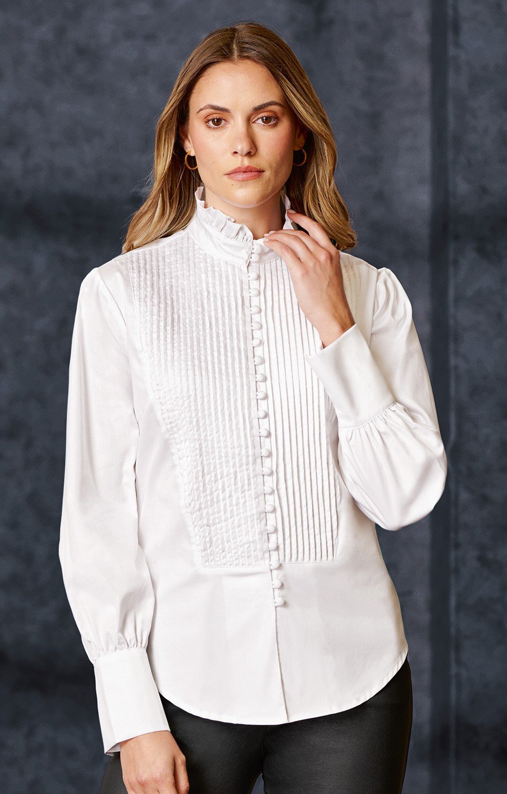 Ladies Cotton Stretch Pintuck Ruffle Blouse, White - House of Bruar