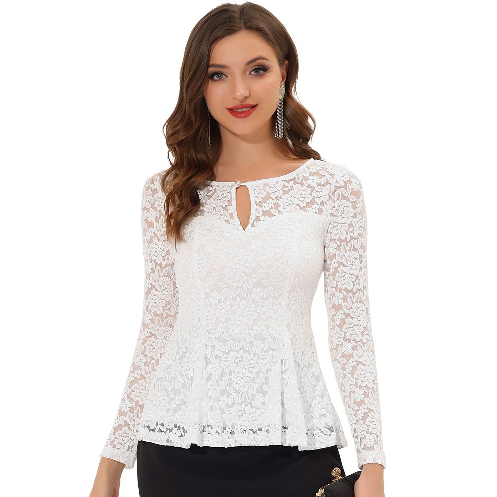 Women's Lace Tops Keyhole Front Peplum Hem Sheer Long Sleeve Blouse