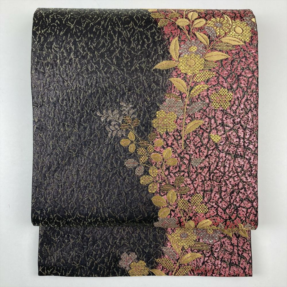 中古）袋帯 黒 フォーマル セミフォーマル 六通 金糸 銀糸 辻が花