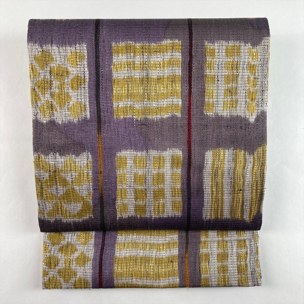 中古）袋帯 紫 カジュアル 全通 織り 幾何学 絹