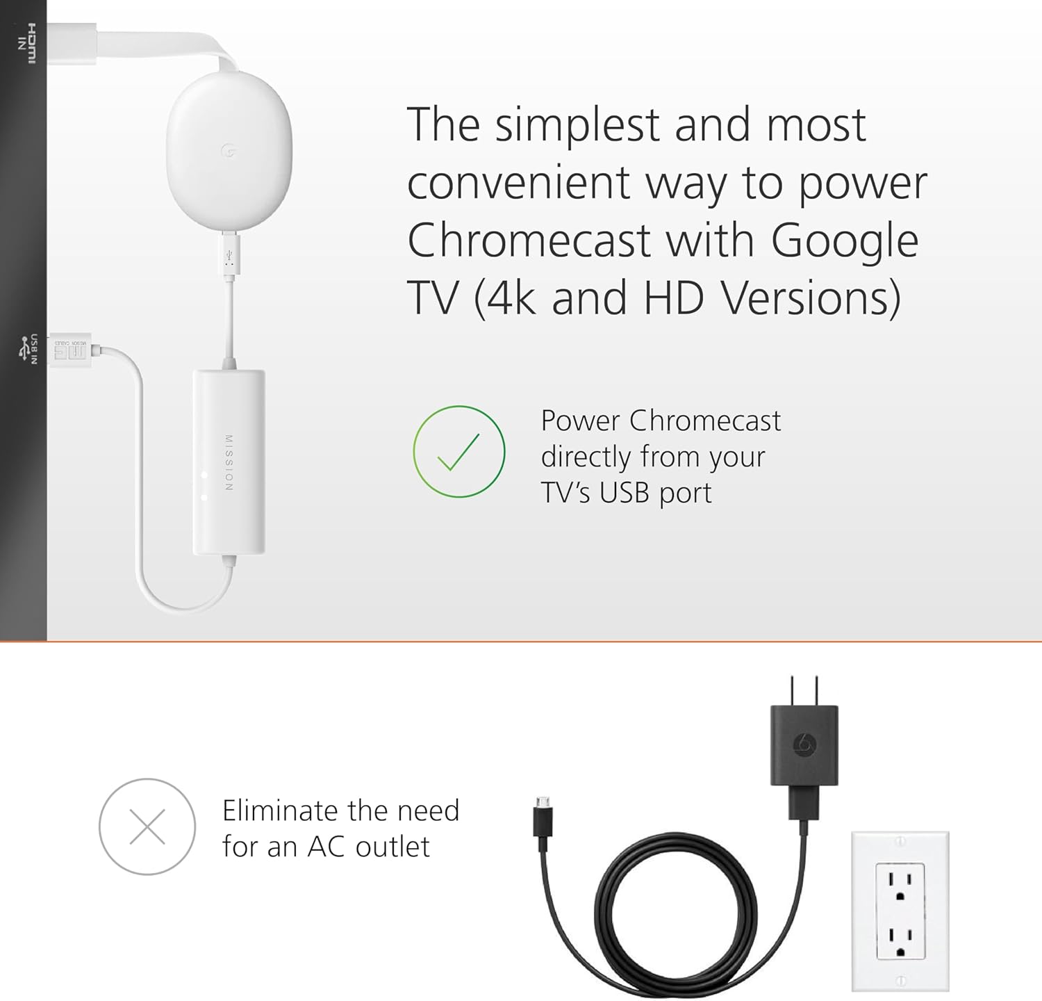 USB Power Cable for Chromecast (4K) with Google TV (With Glow