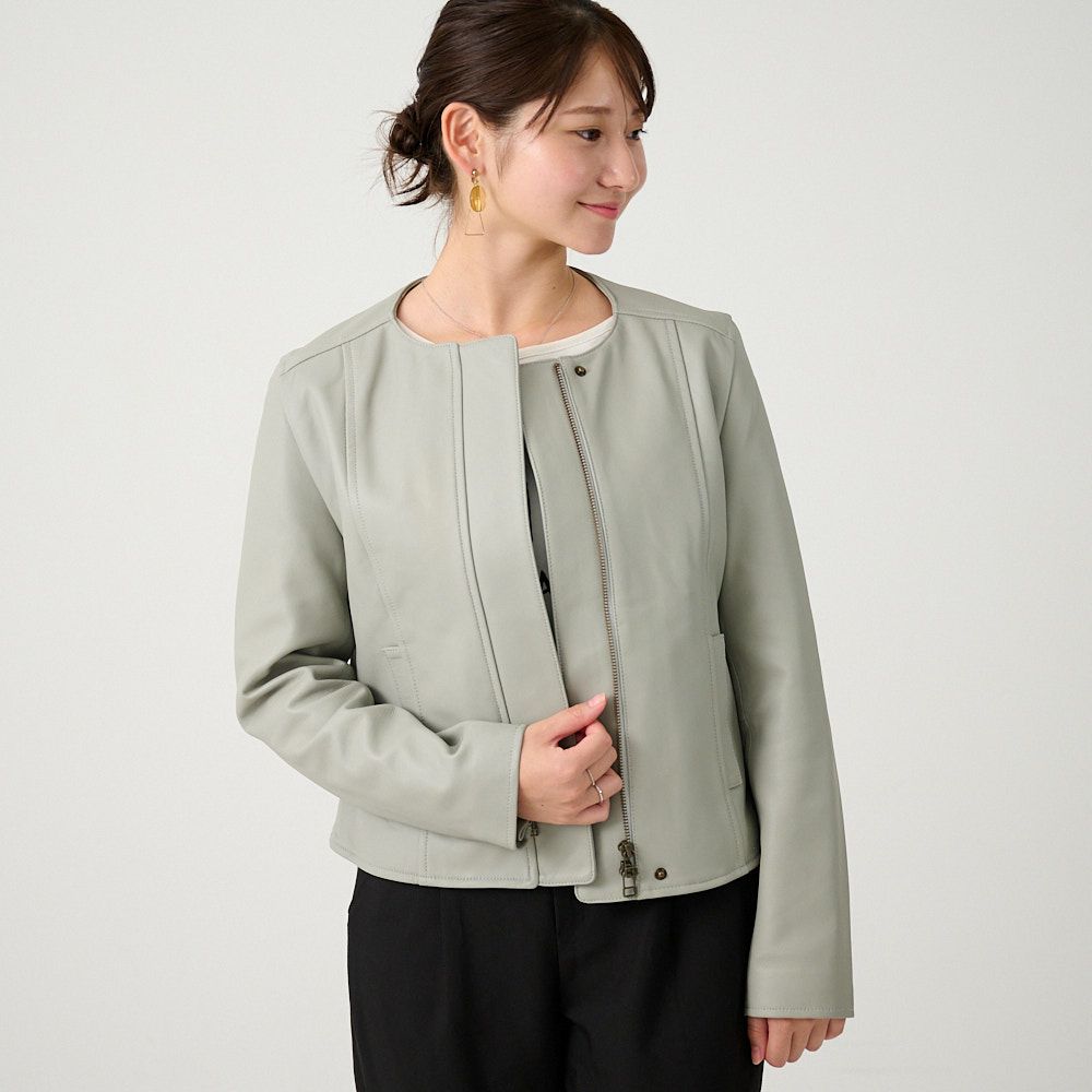 ラムレザー ノーカラージャケットブルゾン(グレー) | もりのがっこう公式