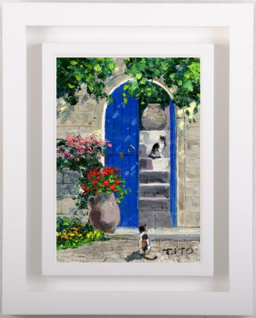 猫の絵画を油絵で描いた伊東拓実の猫の絵「青い扉と2匹の猫」をご購入