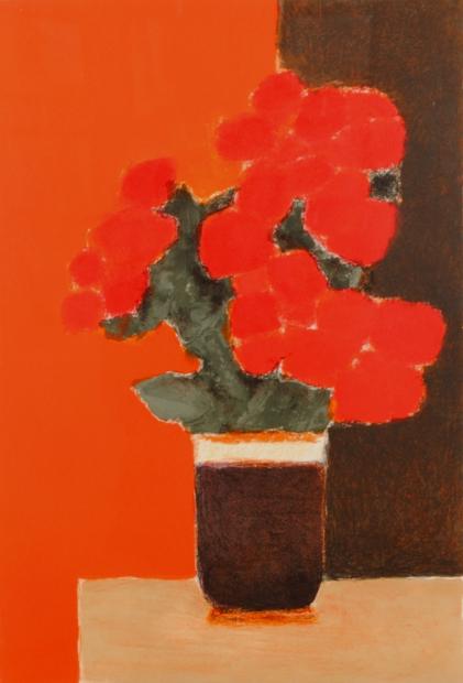 ベルナール・カトランがリトグラフの版画で制作した花の絵画「赤い背景
