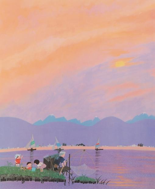 原田泰治がオフセットの版画で制作した長野県の絵「諏訪湖の夕暮れ」を