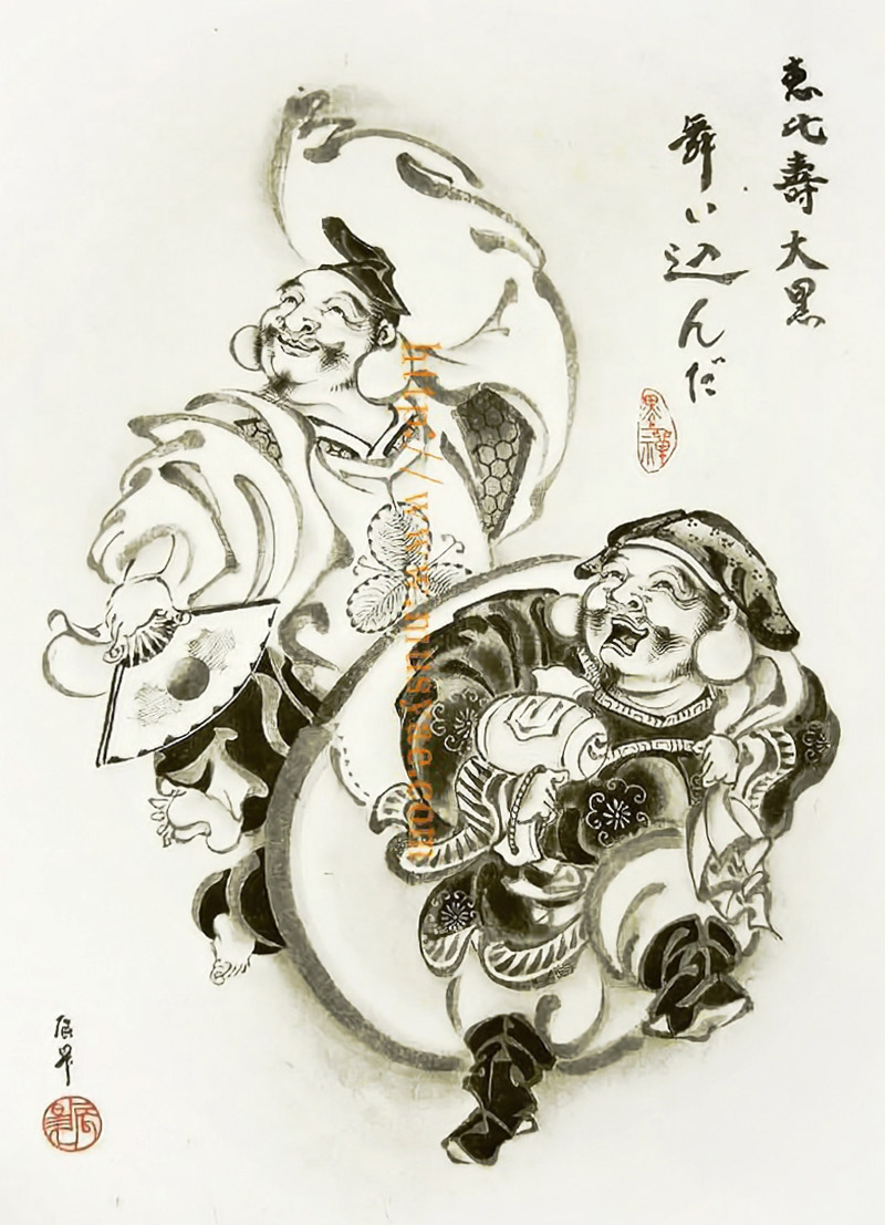 肉筆墨絵「額装恵比寿大黒」 辰昇作 いわき絵のぼり