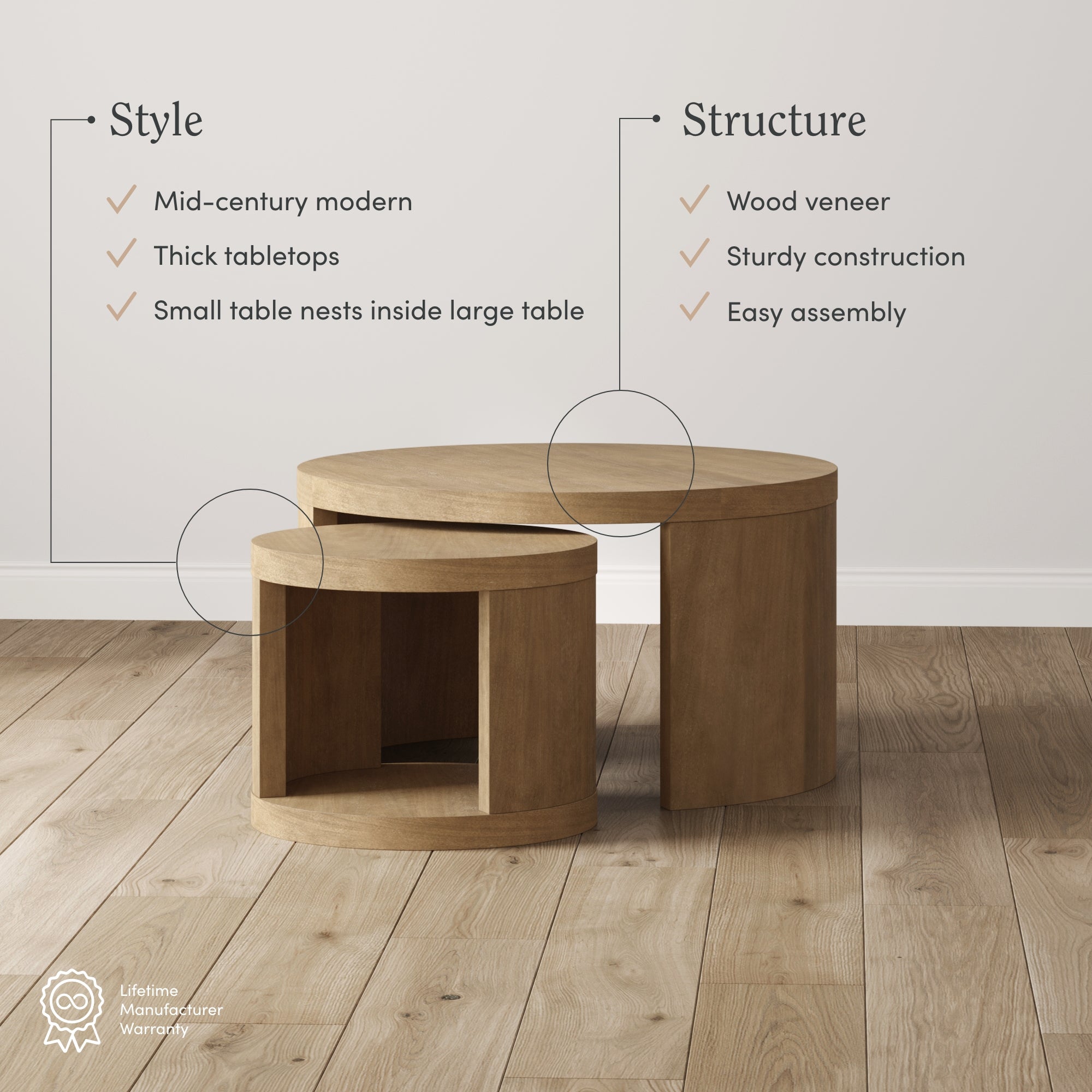 Uchu Round Wood Nesting Coffee Table Set Light Brown | Nathan James