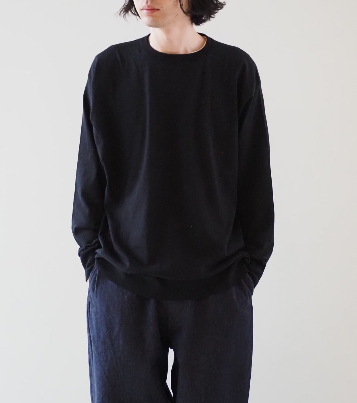 COMOLI コットン クルーネックニット , Black – Navyblue