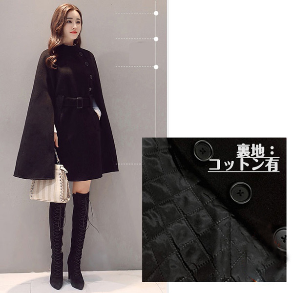 Newjoy / ケープコート 中綿入り ポンチョ風 ウエストベルト付き