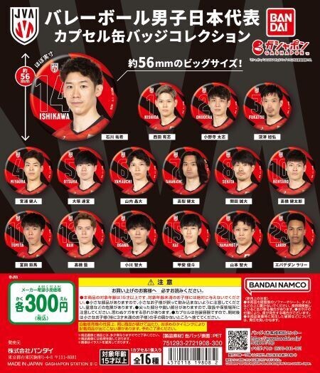 バレーボール男子日本代表選手の缶バッジとクリアファイルがカプセル