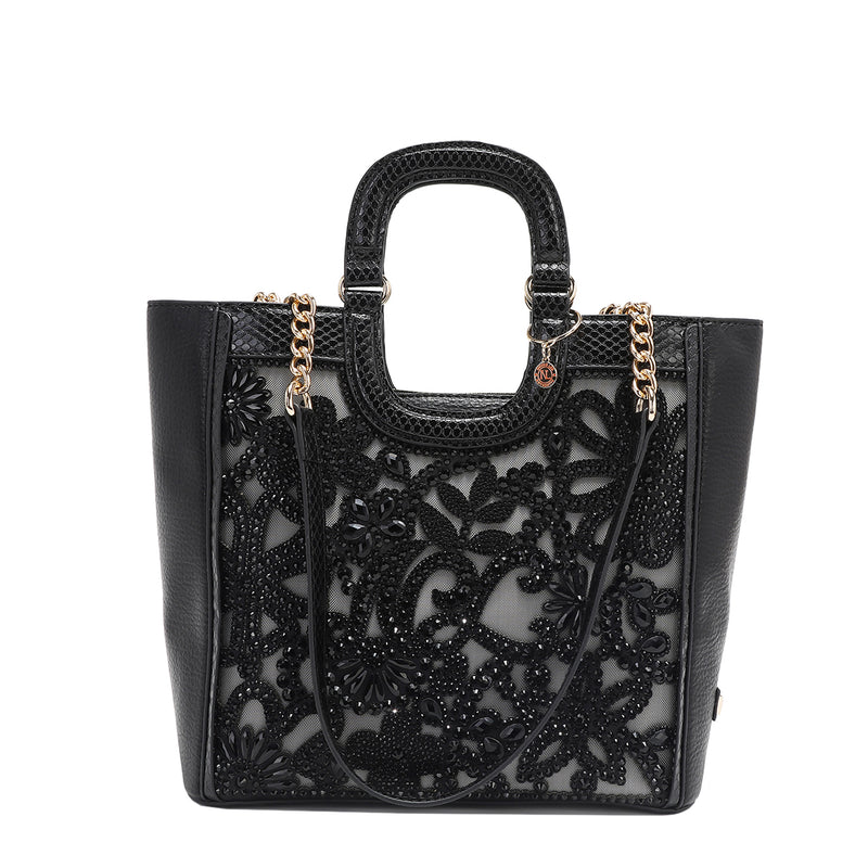 Lace Top Handle Handbag, Embellished with tonal rhinestones and