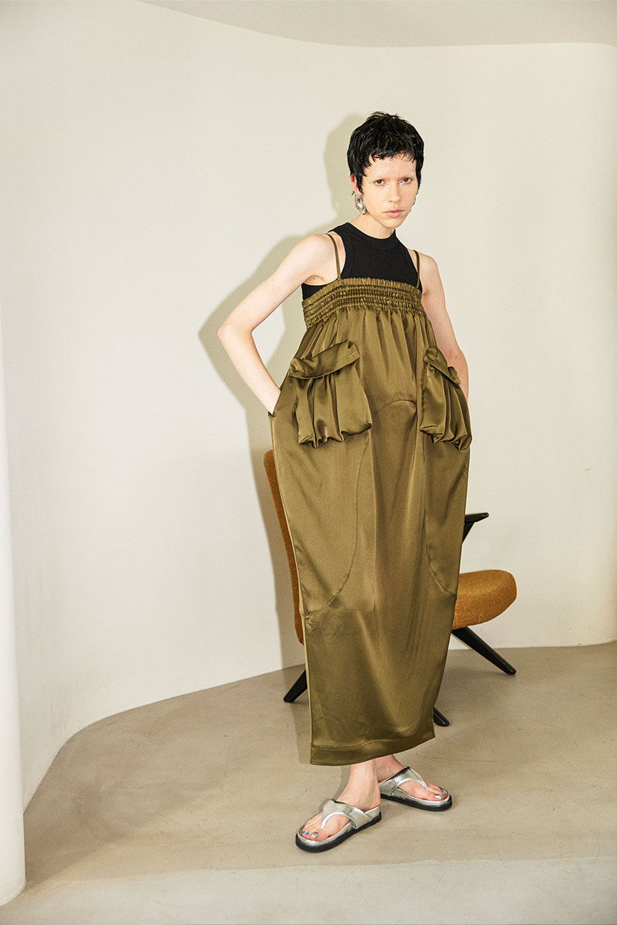 OMMO ONLINE STORE / GATHER POCKET SATIN OP