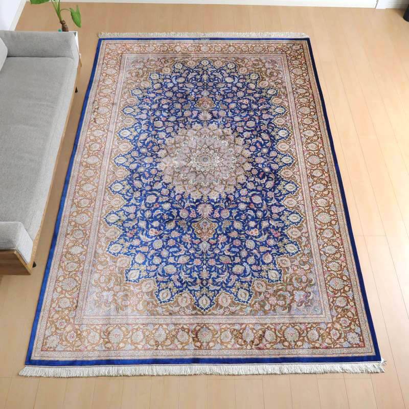 Y3134 高級ペルシャ クム産 シルク100% 手織り絨毯 80×122㎝ Y3134