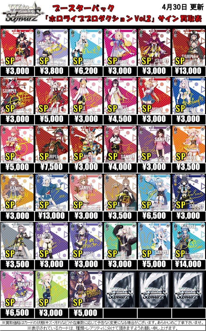 ヴァイスシュヴァルツ 買取情報】 ホロライブVol.2サインカード買取表