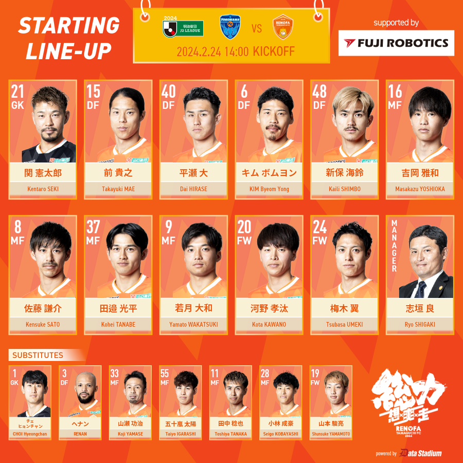 本日のスターティングメンバー発表🔥 明治安田J2リーグ 第1節 🆚#横浜