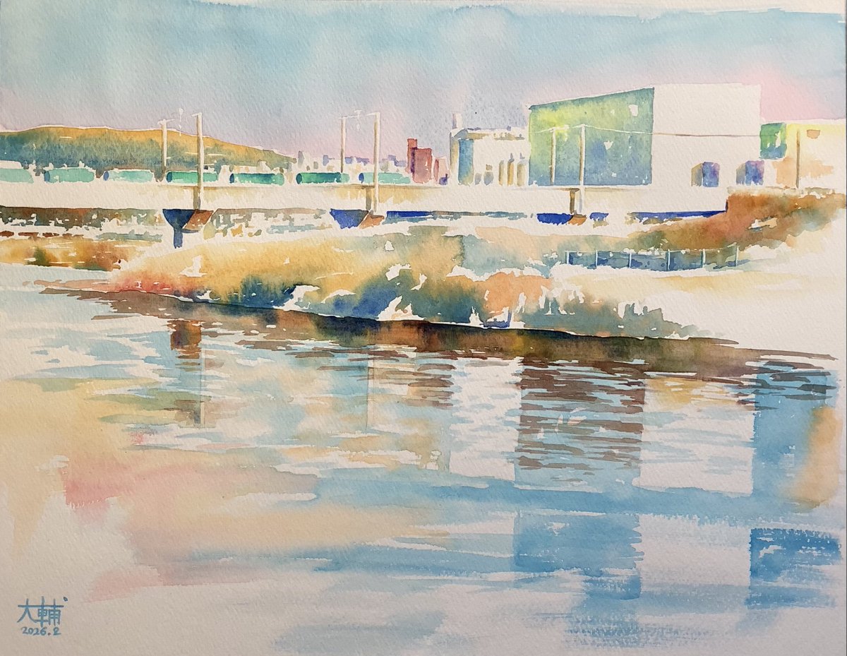 冬色の水面 ホワイトワトソン水彩紙F6 ターナー透明水彩、ホルベイン